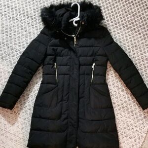 Long Black Puffer Coat with Gold Accents Fur Trim Hood XL